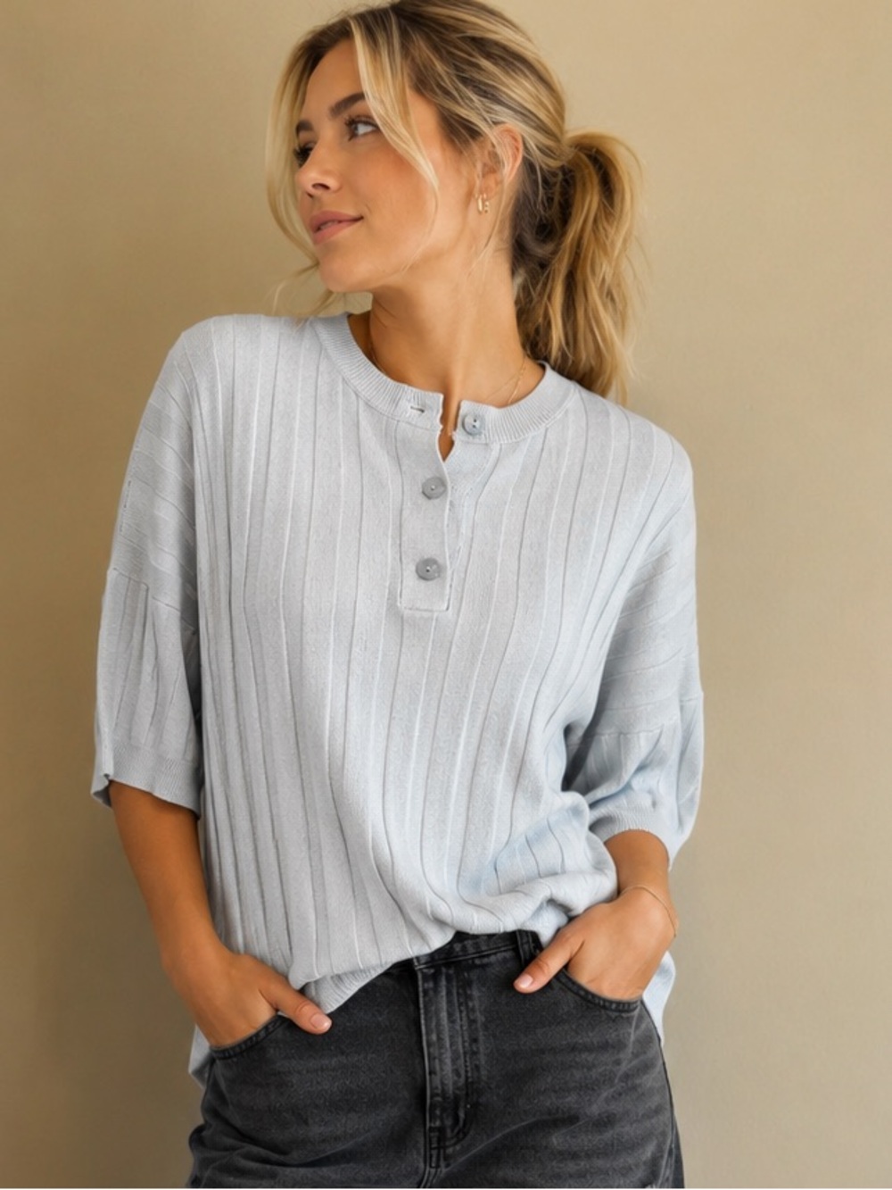 NWT - Lumiere Ice Blue Viscose Henley Pullover